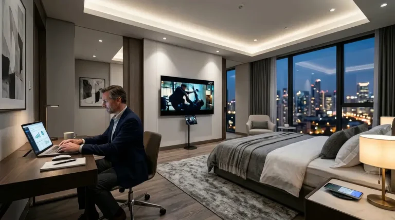 Intérieur de chambre d'hôtel de luxe moderne avec voyageur d'affaires utilisant plusieurs appareils connectés : ordinateur portable ouvert sur bureau, smartphone sur table de nuit, tablette diffusant du contenu sur écran TV intelligent mural, éclairage chaleureux doux, design minimaliste contemporain gris et blanc, connectivité numérique fluide