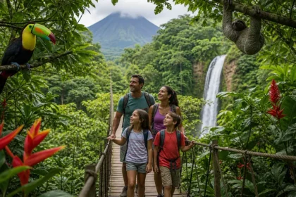Famille traversant un pont suspendu dans la jungle tropicale du Costa Rica avec toucan et paresseux