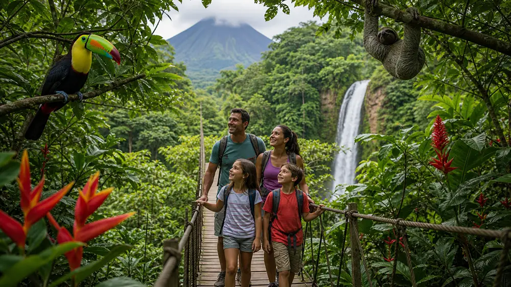 Famille traversant un pont suspendu dans la jungle tropicale du Costa Rica avec toucan et paresseux