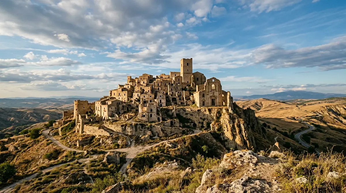 Village médiéval de Craco perché sur sa colline en ruines, ville fantôme de Basilicate en Italie du Sud
