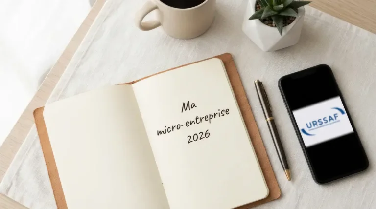 Bureau d'entrepreneur avec carnet, smartphone et café illustrant les démarches de création d'une micro-entreprise en 2026