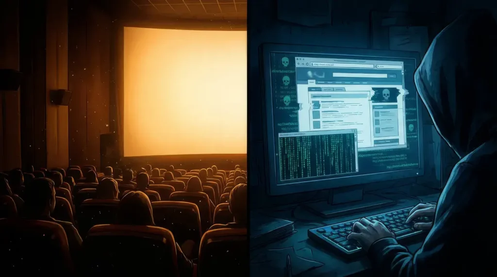 Illustration représentant la dualité entre cinéma légal et plateforme de streaming pirate comme Diparaz