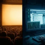 Illustration représentant la dualité entre cinéma légal et plateforme de streaming pirate comme Diparaz