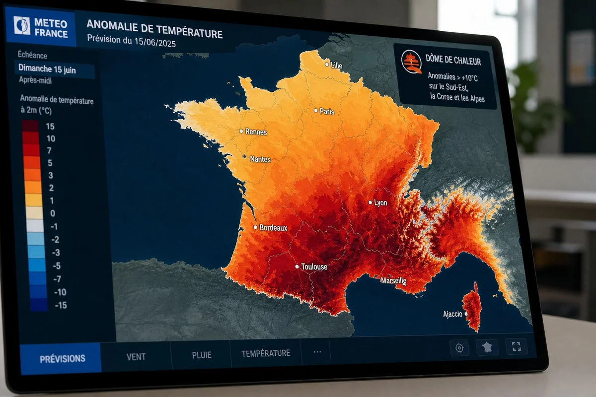 Dôme de chaleur sur la France été 2026 prévisions Météo-France Carte météorologique montrant un dôme de chaleur sur la France en été 2026