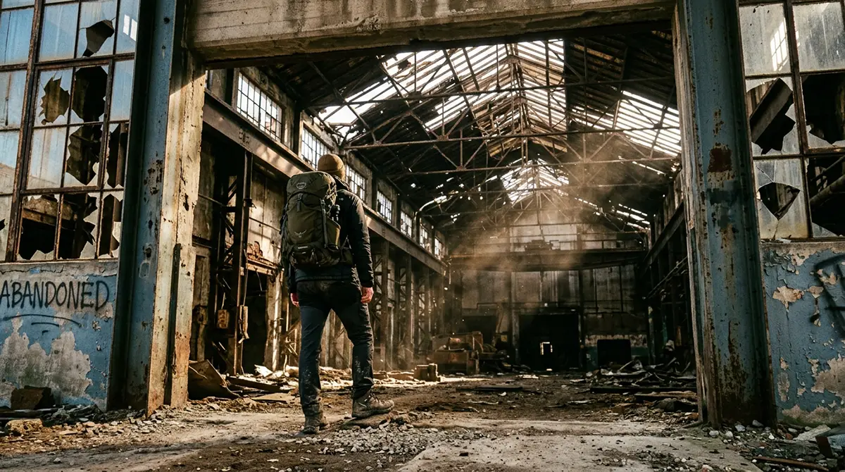 Explorateur urbain équipé devant les ruines d'un bâtiment abandonné, pratique de l'urbex pour visiter les villes fantômes