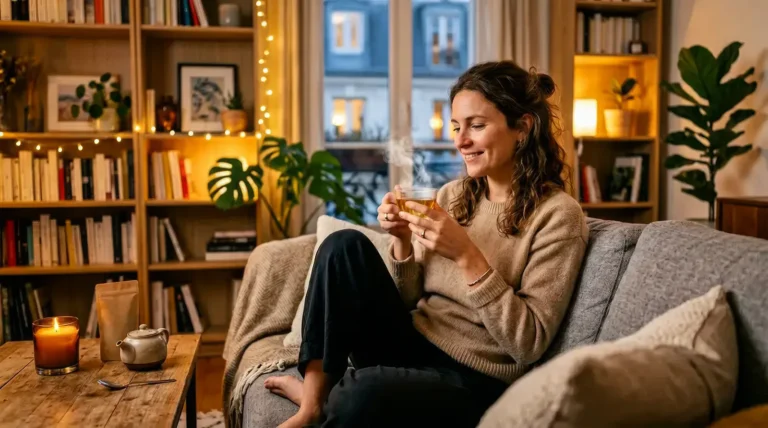 Jeune adulte de 25-35 ans tenant une infusion de fleur de chanvre CBD un vendredi soir