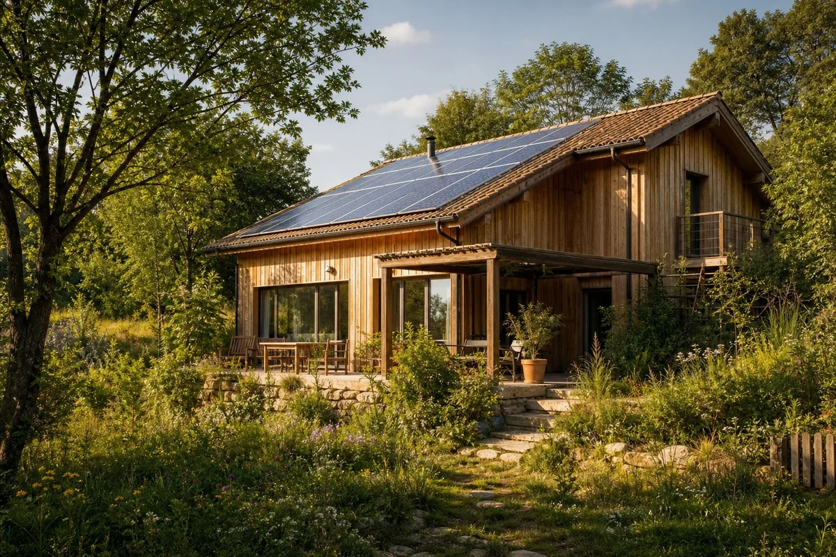 Hébergement éco-responsable labellisé Clef Verte en France Gîte rustique en France avec jardin naturel, panneaux solaires visibles sur le toit