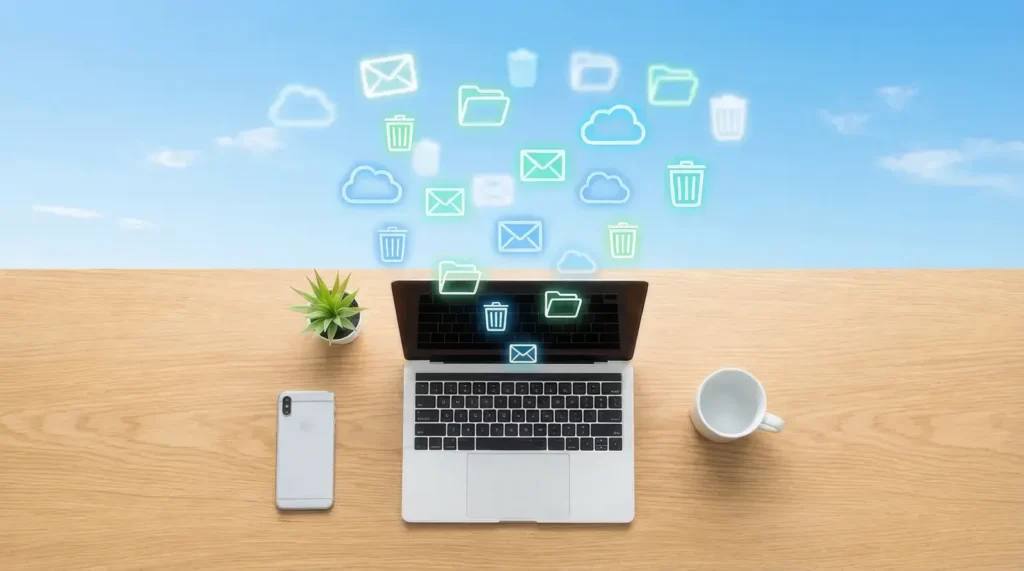 Smartphone et ordinateur portable sur un bureau avec des icônes numériques qui s'envolent, symbolisant le nettoyage numérique du Digital Cleanup Day