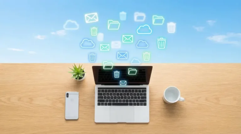 Smartphone et ordinateur portable sur un bureau avec des icônes numériques qui s'envolent, symbolisant le nettoyage numérique du Digital Cleanup Day