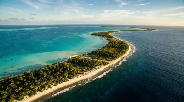 Vue aérienne d'un atoll corallien de Kiribati entre lagon turquoise et océan Pacifique, fine bande de terre bordée de cocotiers