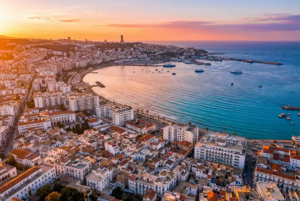Vue aérienne de la baie d'Alger avec ses immeubles blancs et la mer Méditerranée au coucher du soleil