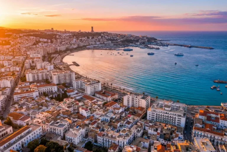 Vue aérienne de la baie d'Alger avec ses immeubles blancs et la mer Méditerranée au coucher du soleil