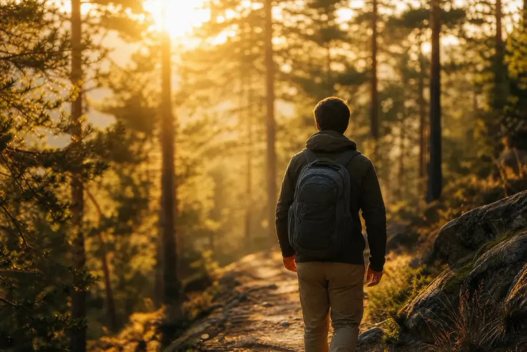 Randonneur solitaire de dos avec un petit sac à dos sur un sentier forestier à la lumière dorée du coucher de soleil — micro-aventure en pleine nature