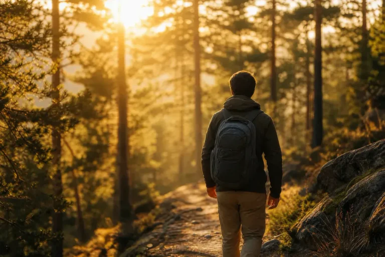 Randonneur solitaire de dos avec un petit sac à dos sur un sentier forestier à la lumière dorée du coucher de soleil — micro-aventure en pleine nature