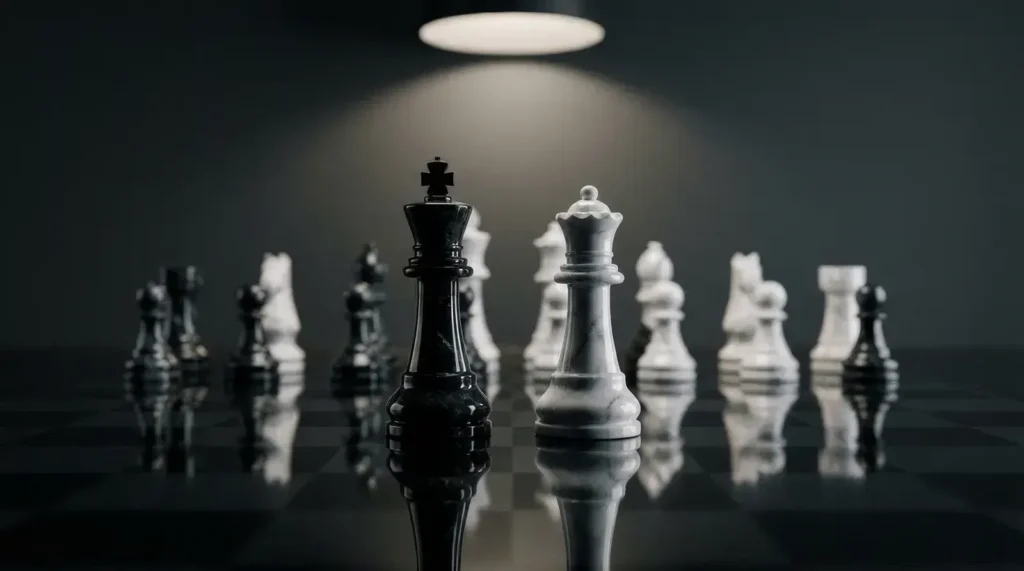 Échiquier moderne avec pièces noires et blanches sur fond sombre