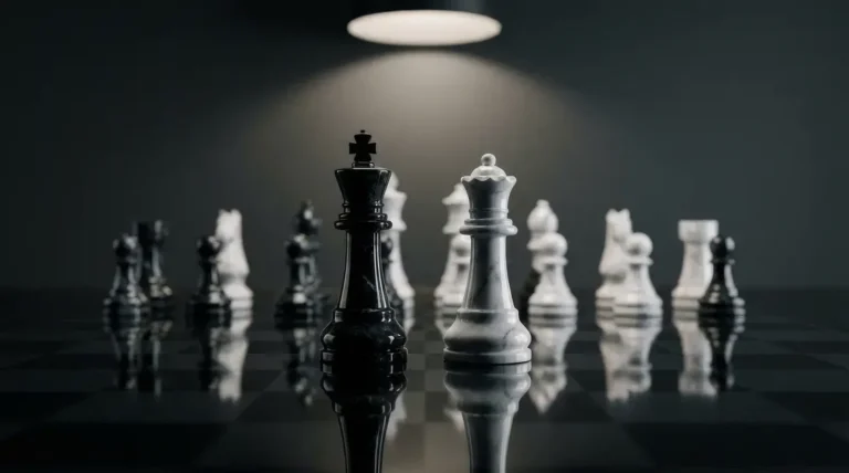 Échiquier moderne avec pièces noires et blanches sur fond sombre
