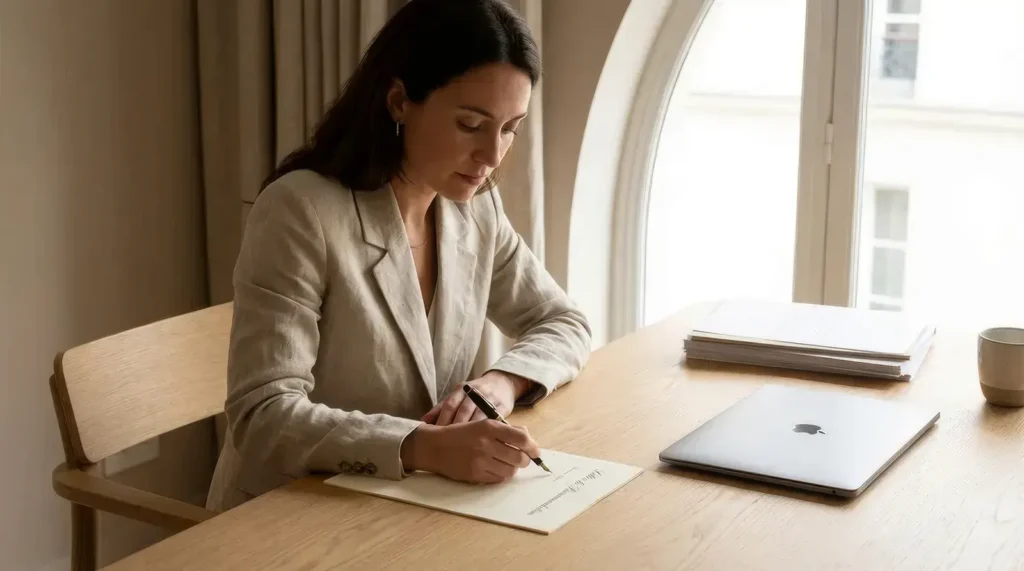 Femme rédigeant une lettre de recommandation à son bureau