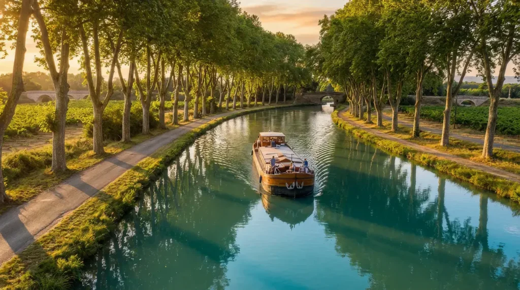 Péniche glissant sur le canal du Midi sous une voûte de platanes centenaires en été
