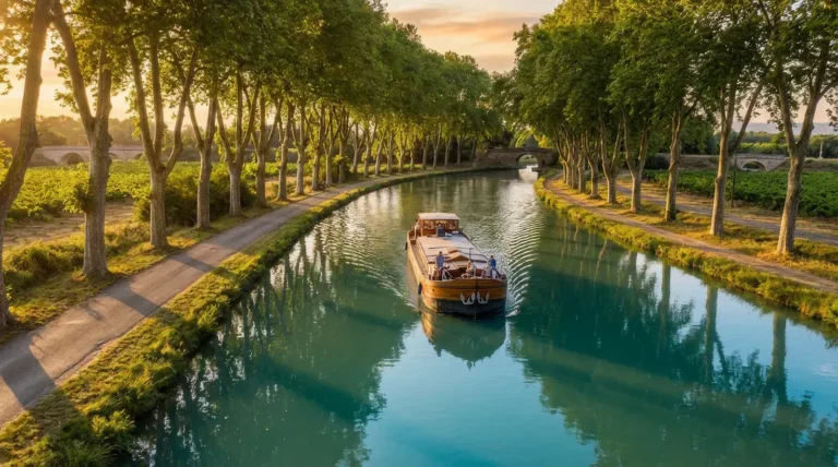 Péniche glissant sur le canal du Midi sous une voûte de platanes centenaires en été