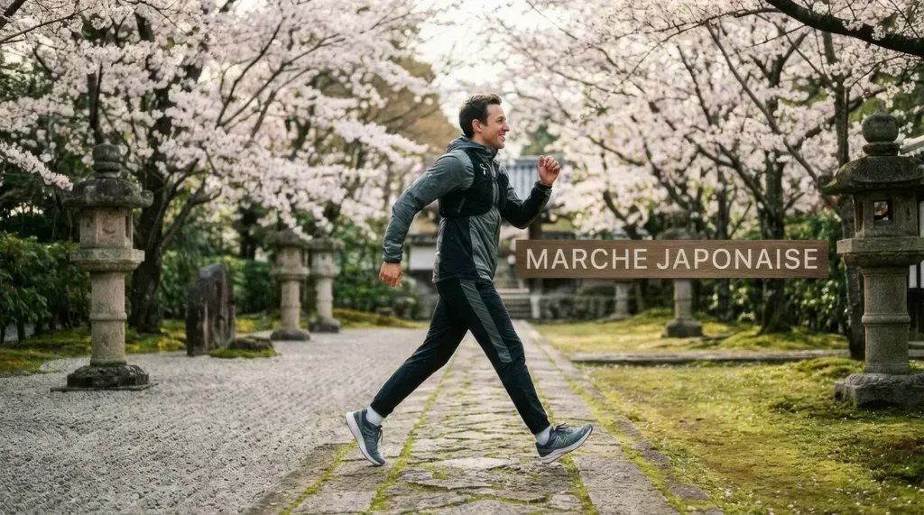 Personne en tenue de sport pratiquant la marche japonaise dans un parc zen japonais avec cerisiers en fleurs, démontrant la technique de marche fractionnée énergique et dynamique