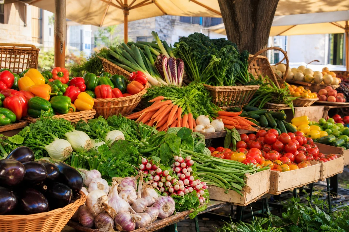 Marché local français – consommation responsable en voyage Étal coloré de fruits et légumes de saison sur un marché provençal en plein air