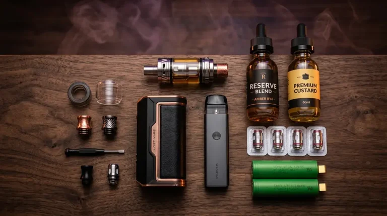 Ensemble de matériel cigarette électronique : mod, pod, clearomiseur, résistances et e-liquides
