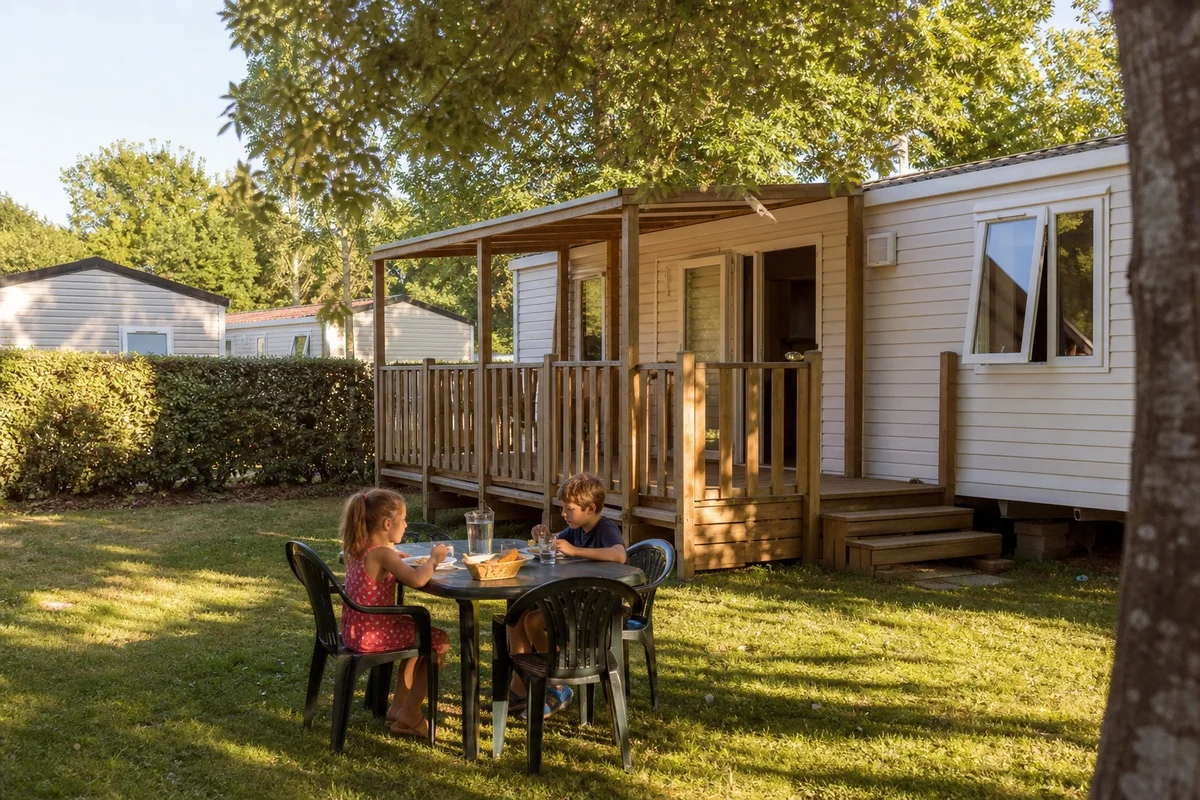 Mobil-home en famille camping abordable France Mobil-home simple dans un camping familial français, terrasse avec table et chaises, enfants en terrasse