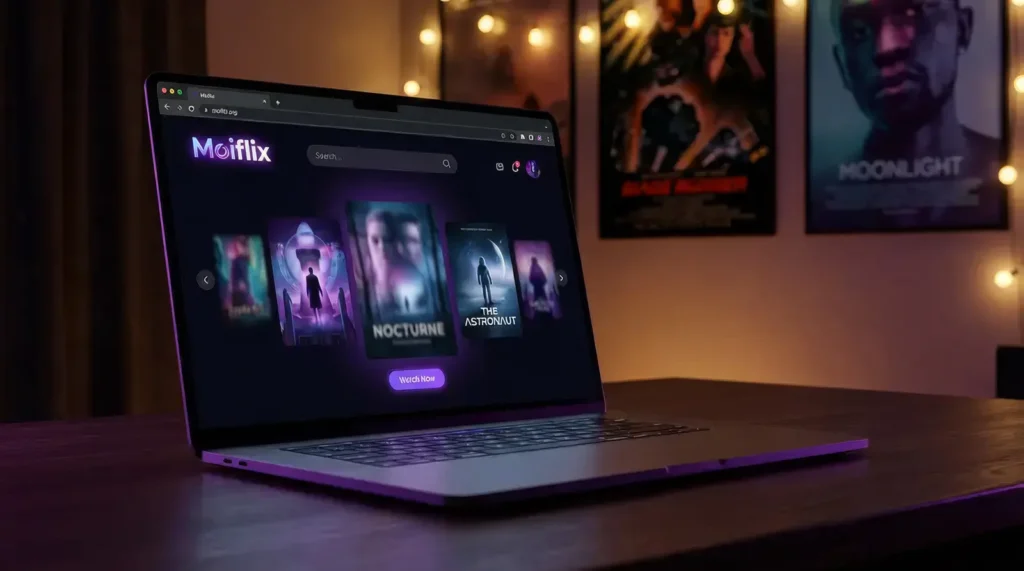 Ordinateur portable allumé avec le site Moiflix ouvert dans le navigateur