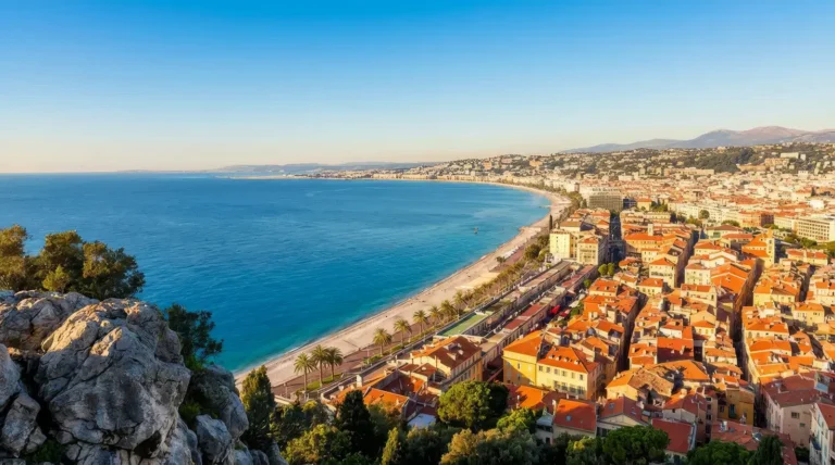 Vue panoramique sur la baie des Anges depuis la colline du Château à Nice sur la Côte d'Azur