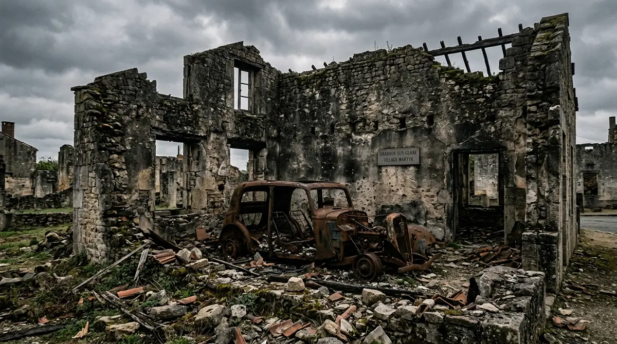 Ruines et voiture calcinée du village martyr d'Oradour-sur-Glane, ville fantôme française de la Seconde Guerre mondiale