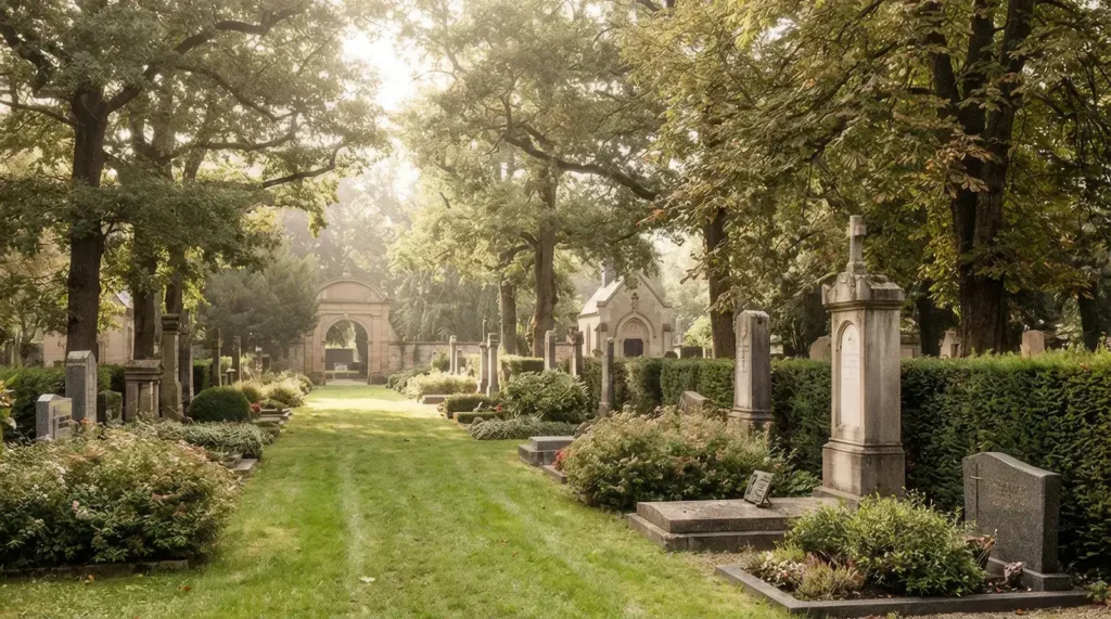 Allée paisible d'un cimetière paysager en Lorraine illustrant l'accompagnement des pompes funèbres à Hayange