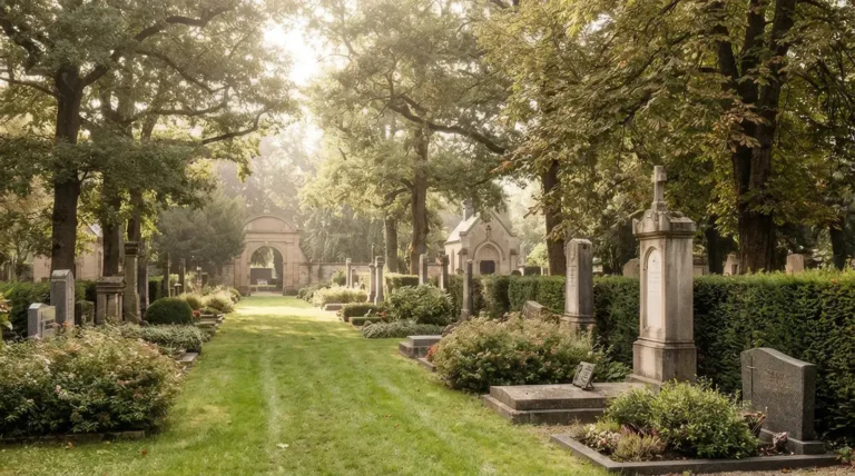 Allée paisible d'un cimetière paysager en Lorraine illustrant l'accompagnement des pompes funèbres à Hayange