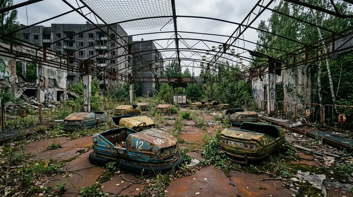 Auto-tamponneuses rouillées du parc de Pripyat, ville fantôme ukrainienne abandonnée après la catastrophe de Tchernobyl en 1986