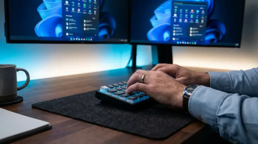 Mains tapant rapidement des raccourcis Windows sur un clavier mécanique rétroéclairé