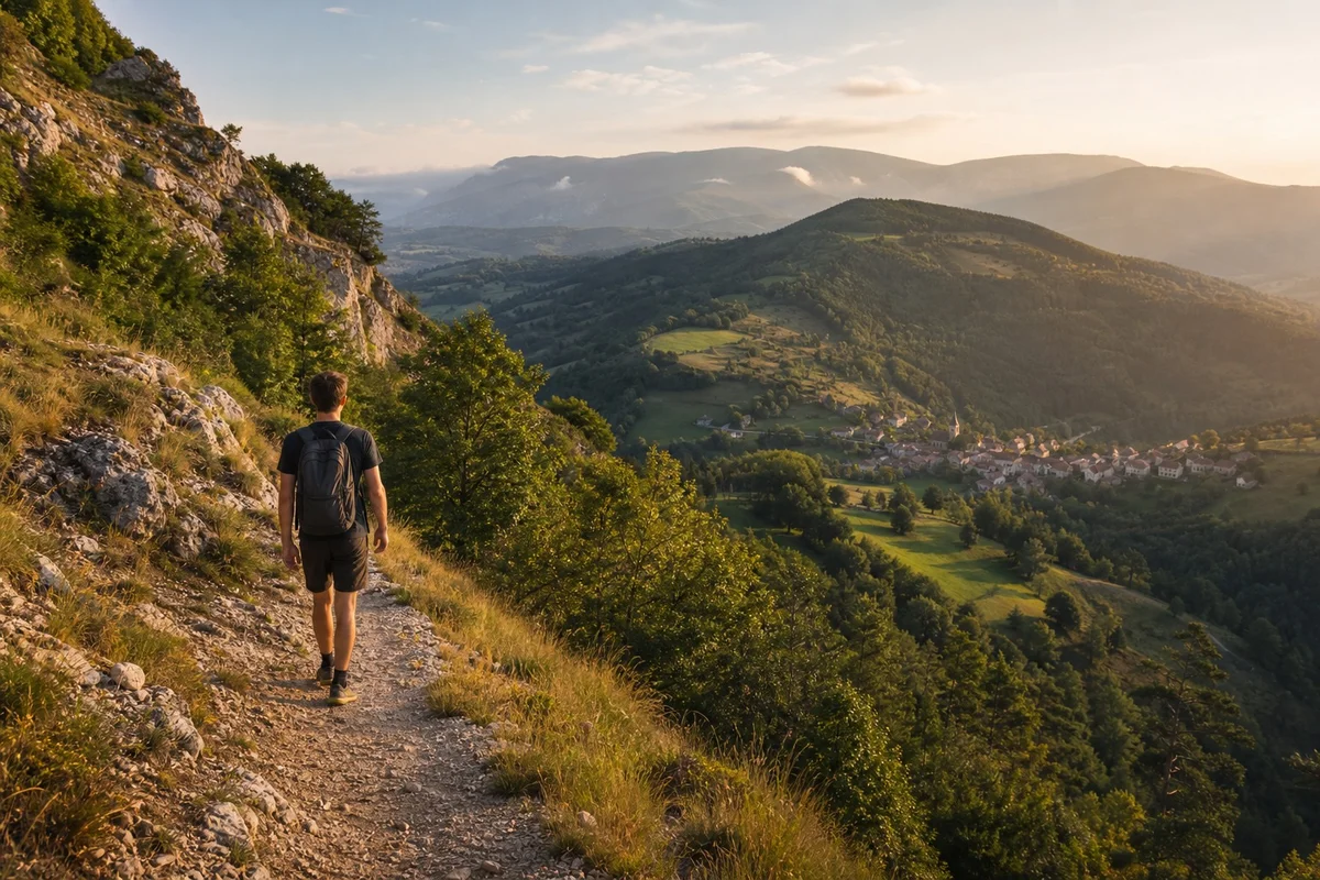 Randonnée et slow travel – tourisme durable en France Randonneur sur un sentier de montagne en France avec vue sur une vallée préservée