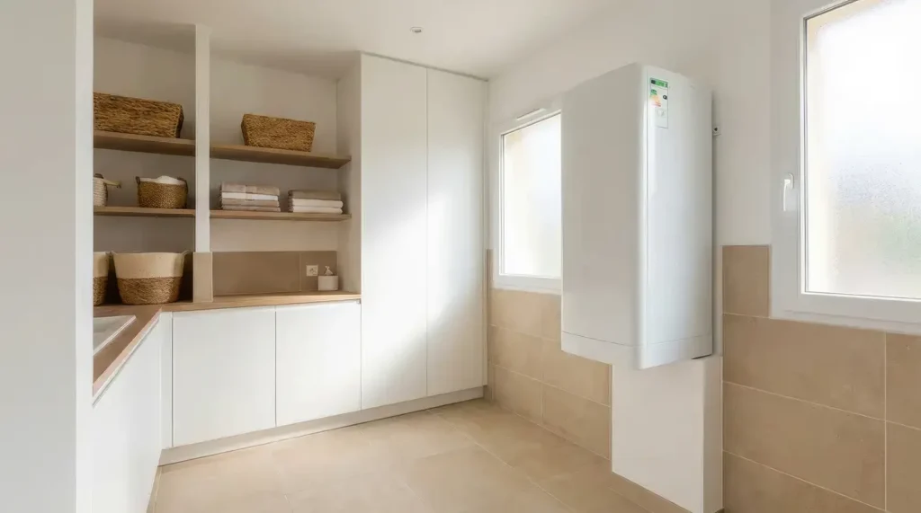 Nouveau chauffe-eau thermodynamique installé dans une salle technique d'un logement moderne
