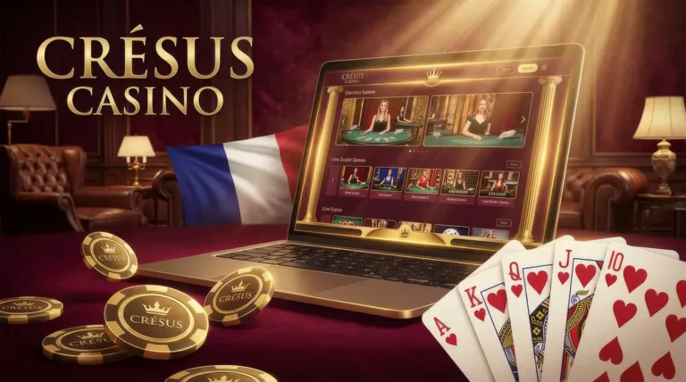 Écran d'ordinateur portable affichant l'interface du casino Cresus avec jetons dorés et cartes à jouer