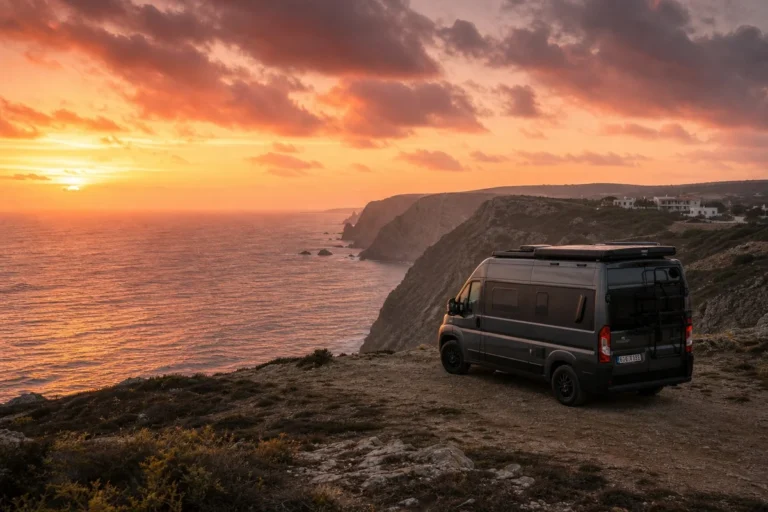 Van aménagé garé face à l'océan Atlantique au Portugal au coucher du soleil
