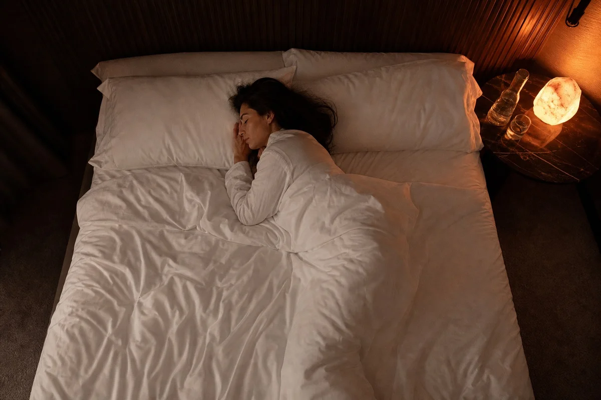 Définition du sleep tourism : voyager pour récupérer du sommeil Voyageur endormi paisiblement dans une chambre obscure et silencieuse illustrant le concept de sleep tourism