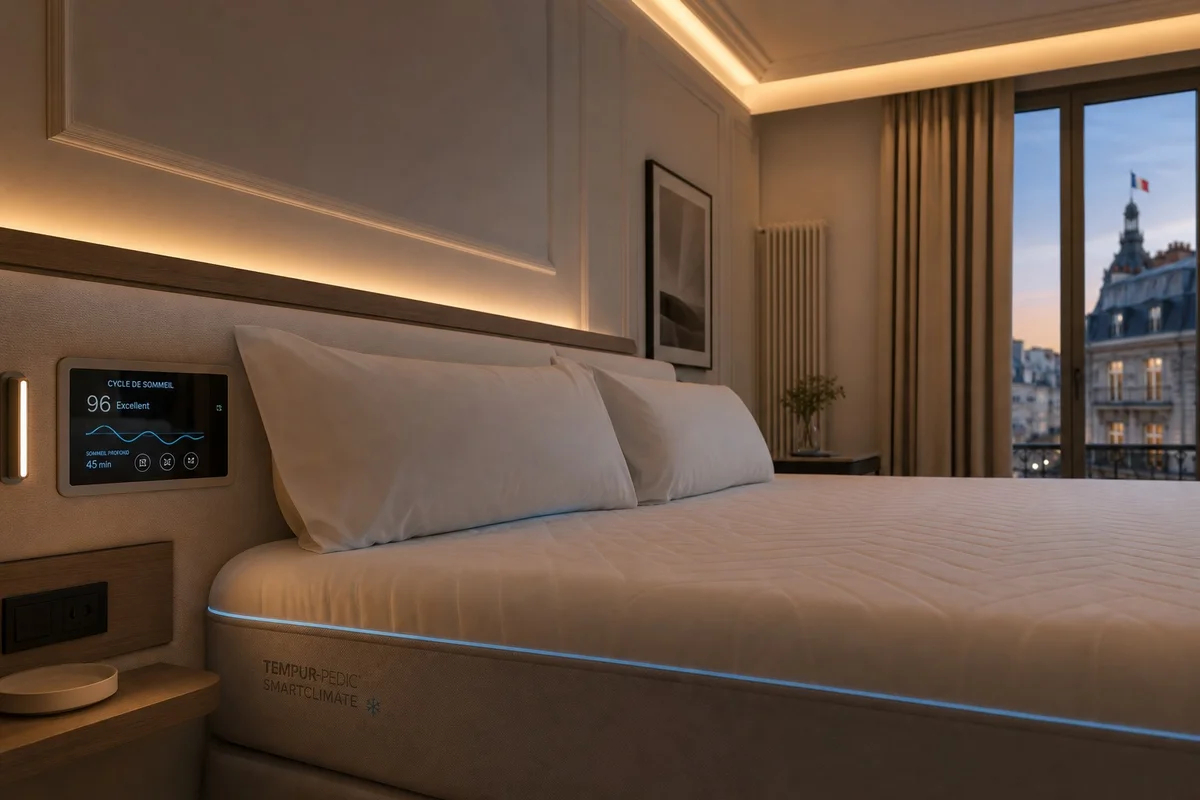 Technologie sleep tourism : matelas intelligent et éclairage circadien Chambre d'hôtel équipée d'un matelas connecté et d'un système d'éclairage circadien pour optimiser le sommeil