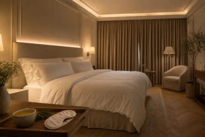 Chambre d'hôtel minimaliste avec éclairage tamisé circadien et literie haut de gamme pour le sleep tourism