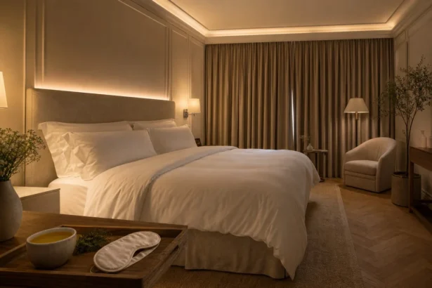 Chambre d'hôtel minimaliste avec éclairage tamisé circadien et literie haut de gamme pour le sleep tourism
