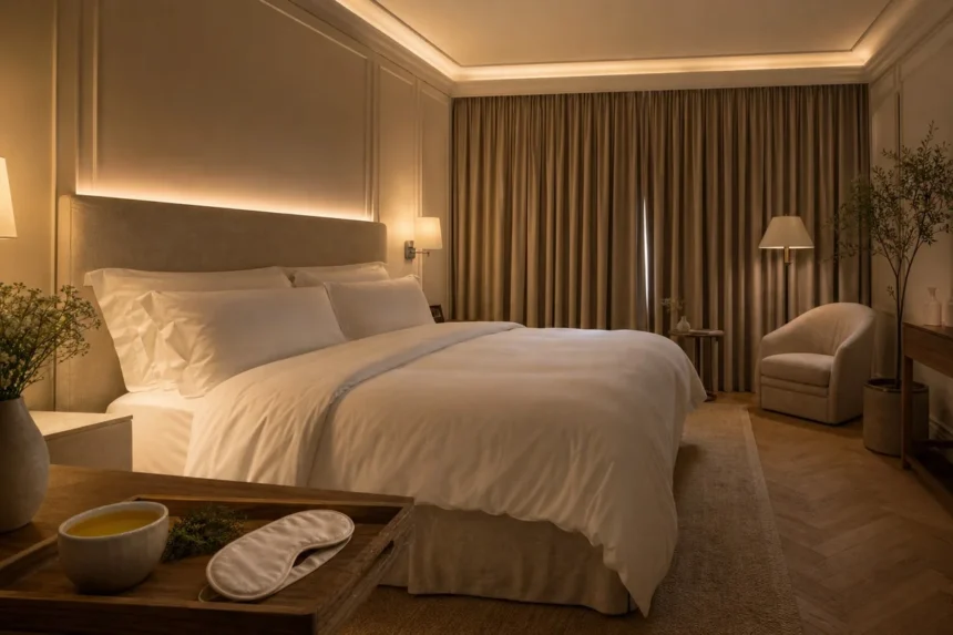 Chambre d'hôtel minimaliste avec éclairage tamisé circadien et literie haut de gamme pour le sleep tourism