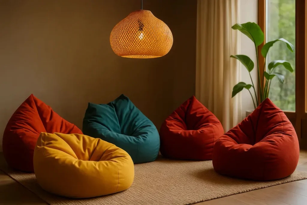 salon cozy : poufs moelleux et suspension en rotin