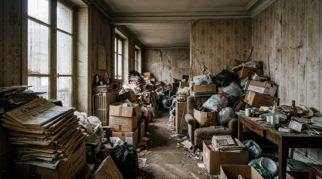 Appartement insalubre encombré de déchets et d'objets entassés jusqu'au plafond, lié au syndrome de Diogène
