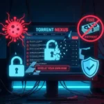 Écran d'ordinateur affichant un site de torrents avec icônes de virus et d'amende pour illustrer les risques d'utilisation du site Torrent9