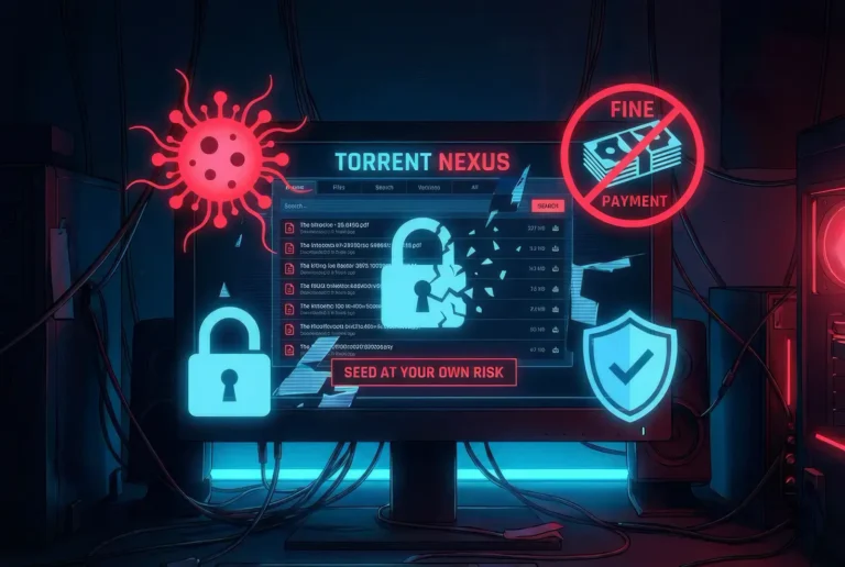 Écran d'ordinateur affichant un site de torrents avec icônes de virus et d'amende pour illustrer les risques d'utilisation du site Torrent9