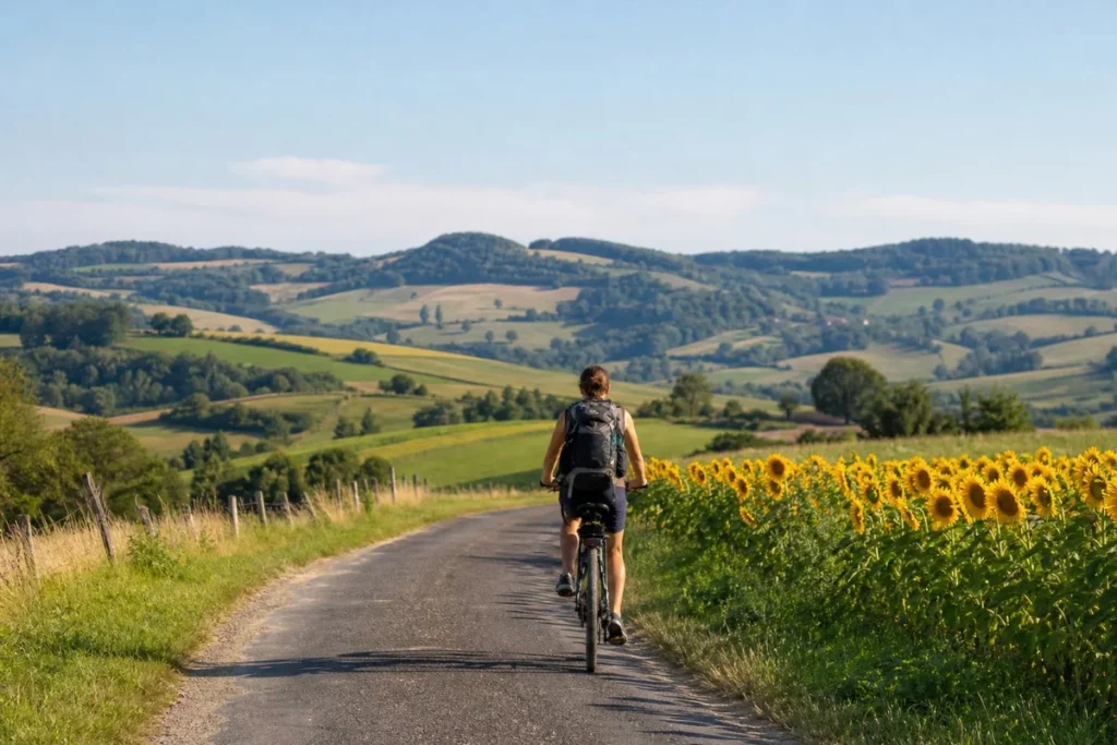 Voyageur à vélo sur un chemin de campagne française avec un sac à dos, entouré de champs et de collines verdoyantes