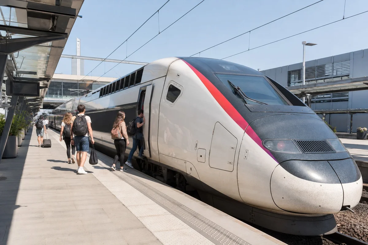 Voyage en train TGV – mobilité durable et basse empreinte carbone TGV en gare française, quai ensoleillé, voyageurs avec bagages légers