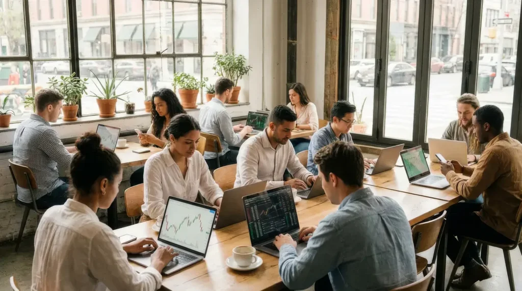 Photographie lifestyle moderne montrant jeunes professionnels diversifiés (20-30 ans) dans espace de co-working lumineux utilisant ordinateurs portables et smartphones affichant graphiques de trading et données financières, lumière naturelle, atmosphère concentrée et optimiste illustrant démocratisation de la finance